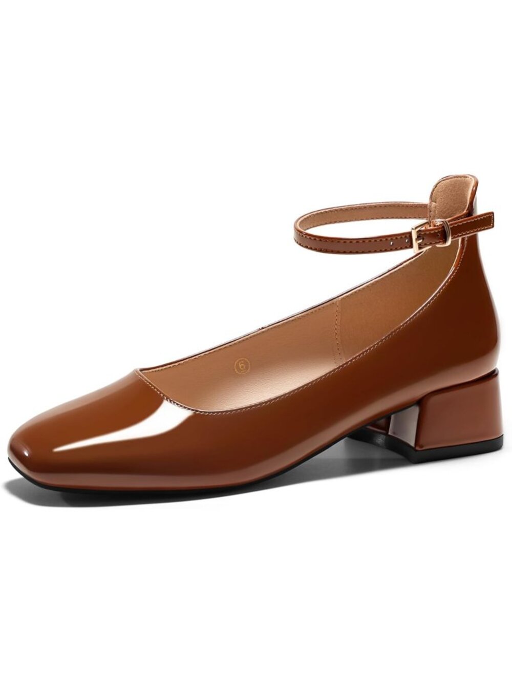Women's Brown Chunky Low Heels Closed Square Toe Ankle Strap Pumps Shoes - Picture 4 of 6